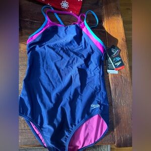 Speedo Girls 16 Blue and Pink Swimsuit Criss cross back NWT